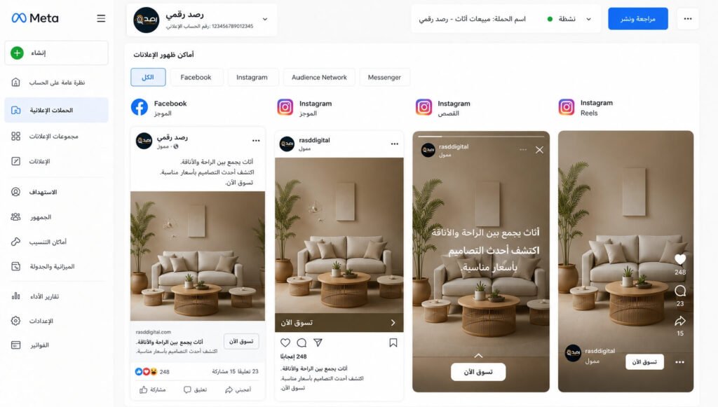 نظرة داخلية على واجهة إدارة إعلانات ميتا صورة للوحة تحكم مدير إعلانات فيسبوك (Meta Ads Manager) توضح سير حملة إدارة إعلانات ميتا لعميل ديكور منزل، وتظهر معاينات لإعلانات حقيقية على فيسبوك و إنستجرام (مثل القصص و الفيديوهات القصيرة) لزيادة المبيعات و العملاء المحتملين."