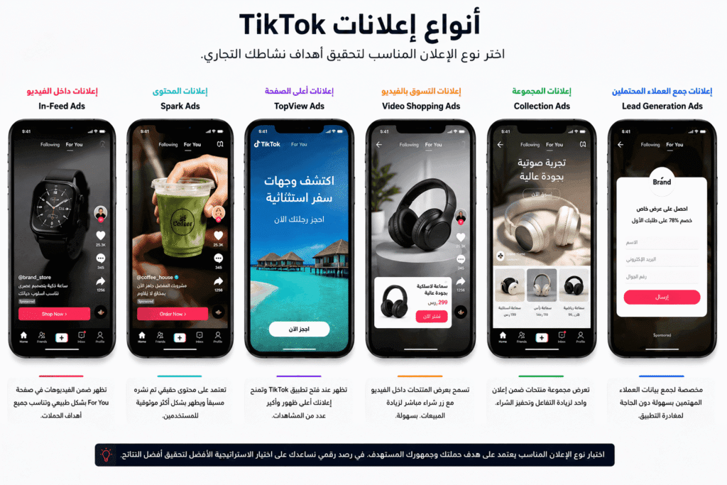 إنفوجرافيك يوضح أنواع و صيغ الحملات المتاحة ضمن خدمة إدارة إعلانات تيك توك في رصد رقمي
